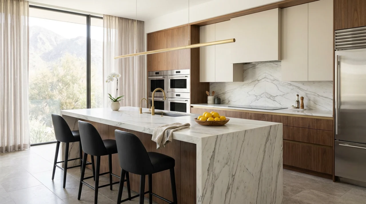 Luxury modern kitchen with marble waterfall island, walnut cabinetry, and brass fixtures in a Denver home