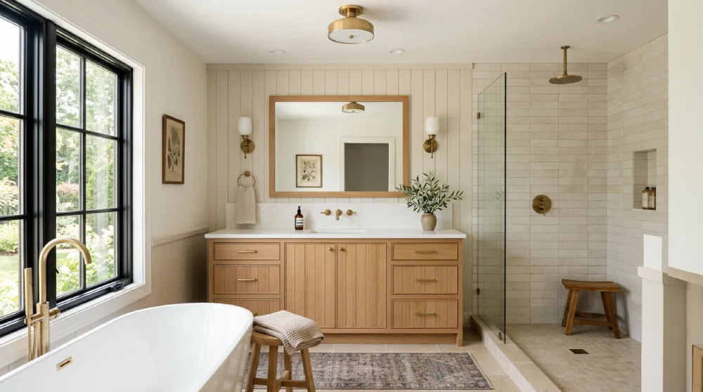 2026 Denver farmhouse bathroom with warm wood cabinetry, soft neutral tile, a freestanding tub, and a glass shower