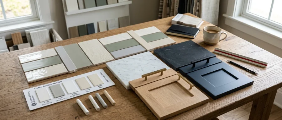 Denver kitchen design planning with backsplash tile, grout, cabinet finishes, countertop samples, and hardware to refine color contrast and overall material coordination