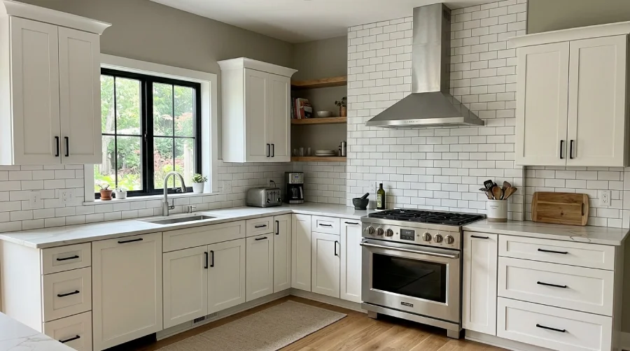 Denver kitchen remodel showing backsplash height from countertop to upper cabinets with a ceiling-height range wall for a more finished and dramatic look