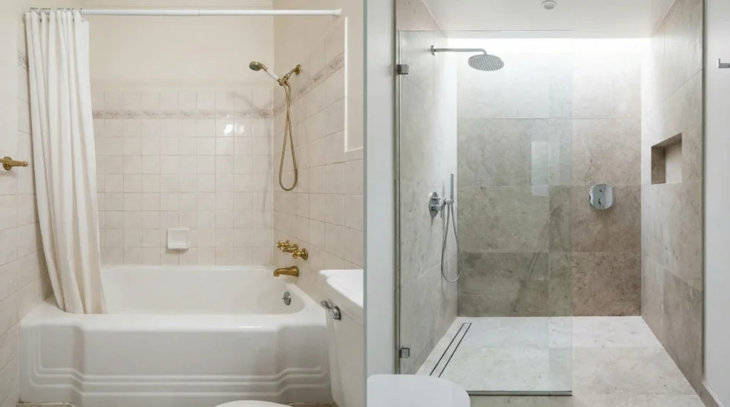 Split screen comparison showing a traditional dated bathtub on the left and a modern luxury walk-in shower on the right, illustrating a bath to shower conversion.