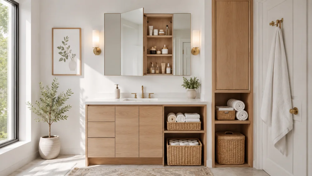 Bathroom vanity wall with a recessed medicine cabinet and woven baskets holding spare toilet rolls and towels.