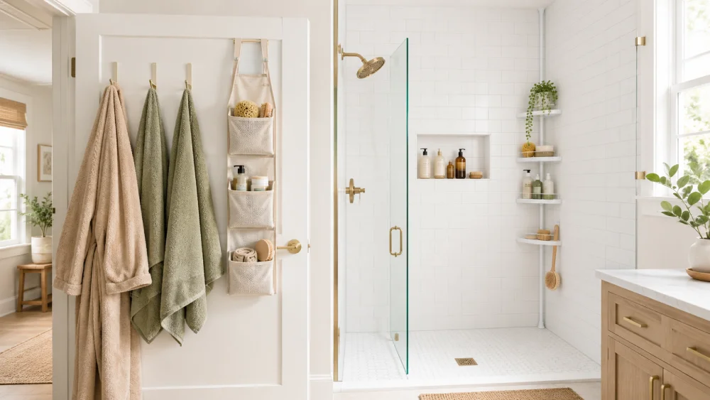Bathroom storage using the back of the door with hooks and an organizer, plus a recessed shower niche and corner caddy.