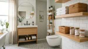 Organized Denver bathroom with floating shelves, woven baskets, and folded towels.