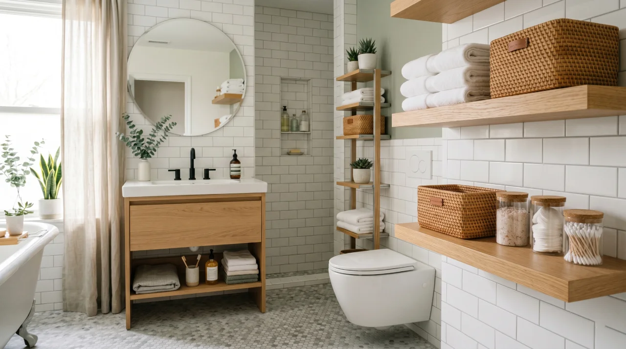 Organized Denver bathroom with floating shelves, woven baskets, and folded towels.