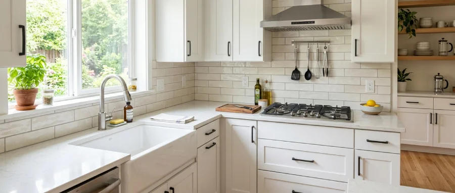 Bright Denver kitchen remodel with a ceramic or porcelain tile backsplash, white cabinets, and durable easy-clean surfaces