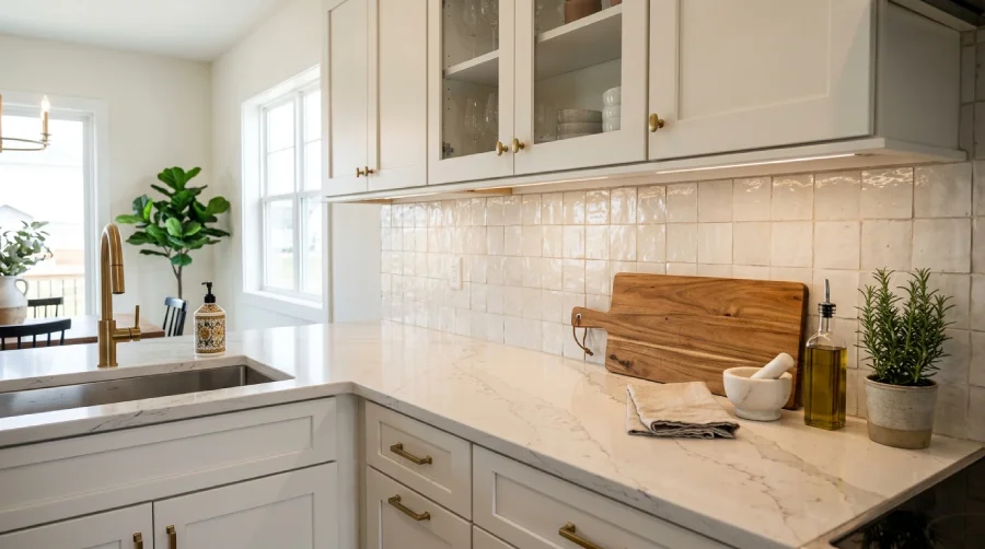 Kitchen design with subtle quartz countertops and a warm neutral tile backsplash that bridges white cabinets and the overall color scheme