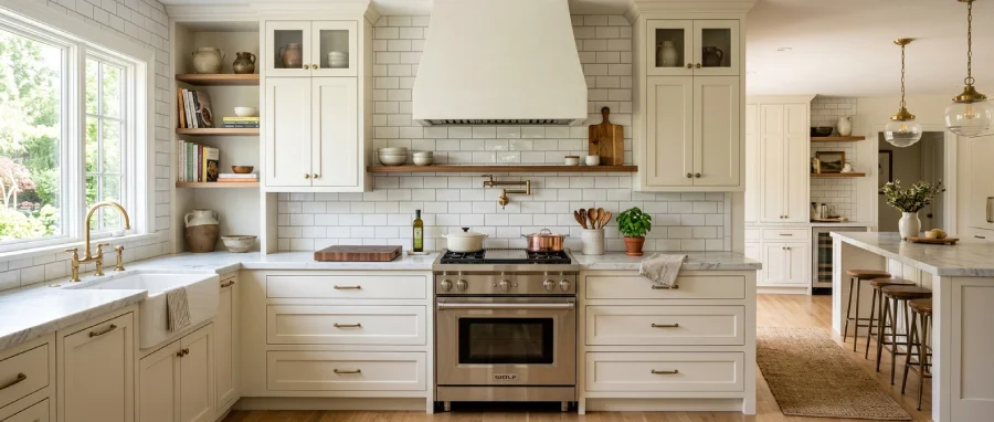 Classic subway tile backsplash in a timeless Denver dream kitchen with cream cabinets, marble countertops, and lasting appeal