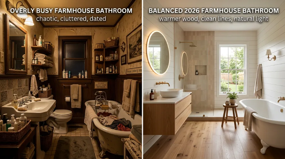 Side-by-side comparison of farmhouse bathroom mistakes in a Denver home, showing an overly busy outdated design versus a balanced 2026 remodel