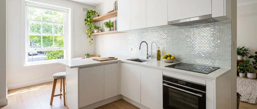 Contemporary Denver kitchen with a reflective glass tile backsplash, white cabinets, and natural light that makes the compact space feel brighter and larger