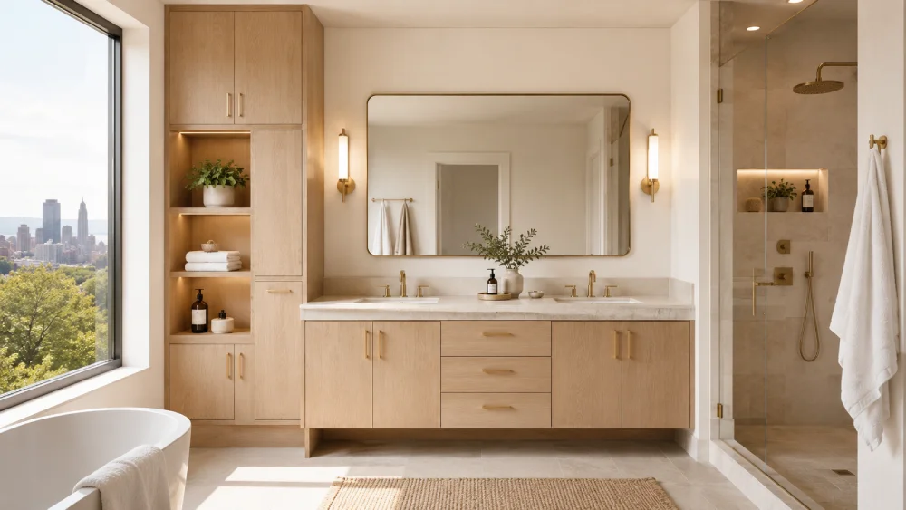 Remodeled Denver bathroom with custom built-in cabinetry and a recessed tiled shower niche.