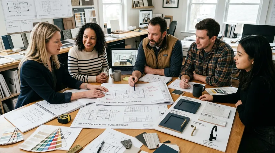 Denver design-build kitchen remodeling consultation with a team reviewing plans, finish samples, and project details together
