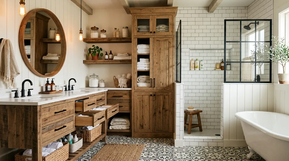 Farmhouse bathroom in a Denver home featuring layered storage with a wood vanity, open shelves, linen cabinet, baskets, and a walk-in shower