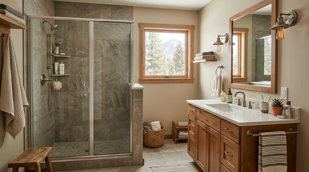 Denver farmhouse bathroom with durable porcelain tile, a quartz vanity top, warm wood cabinetry, and an easy-clean glass shower