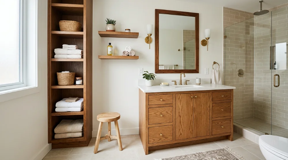 Farmhouse bathroom in a Denver home featuring layered wood accents, a stained wood vanity, open shelving, and warm neutral finishes