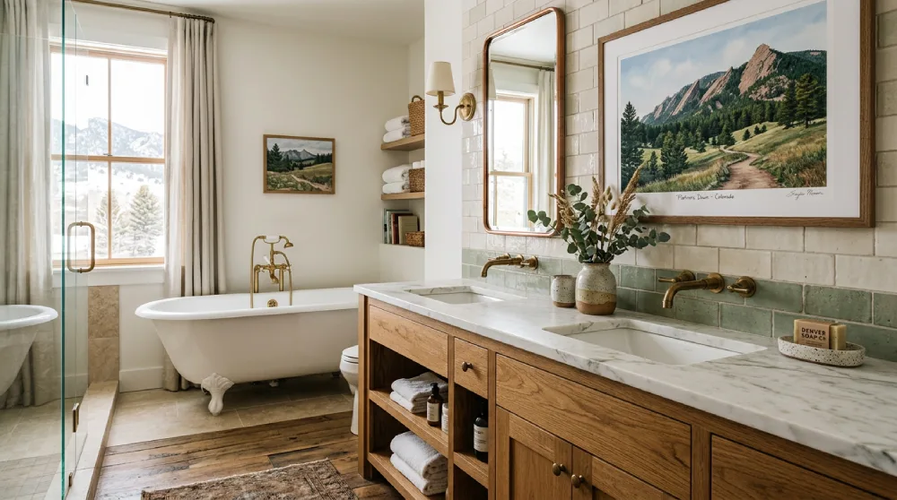 Denver farmhouse bathroom with warm wood cabinetry, Colorado landscape artwork, brass fixtures, and a freestanding tub