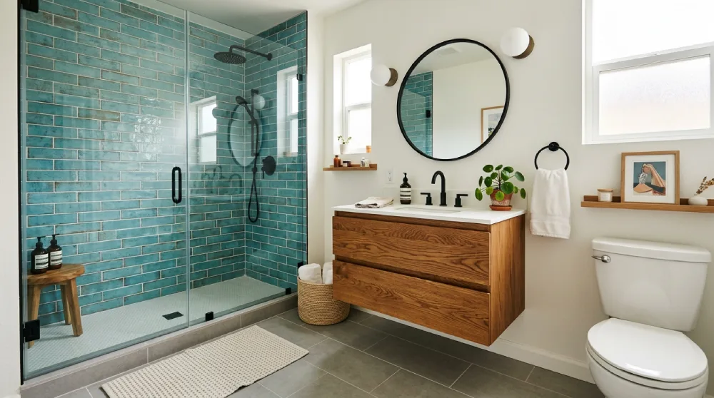 Denver farmhouse bathroom remodel with a wood vanity, glass shower, statement tile, and budget-friendly material mix
