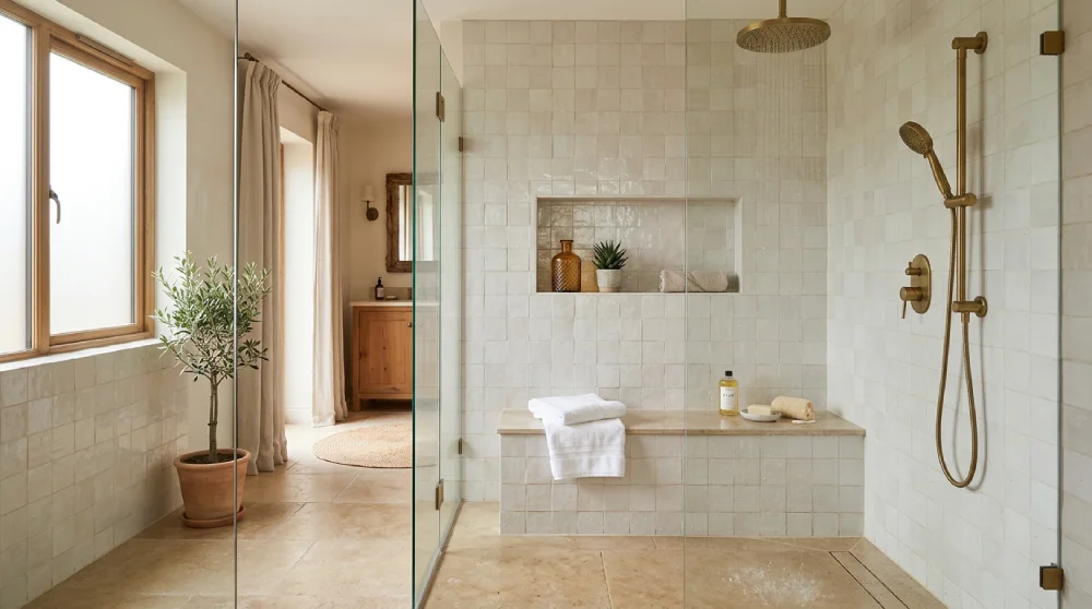Denver farmhouse bathroom with a spa-like walk-in shower, built-in bench, handmade-look tile, and warm brass fixtures