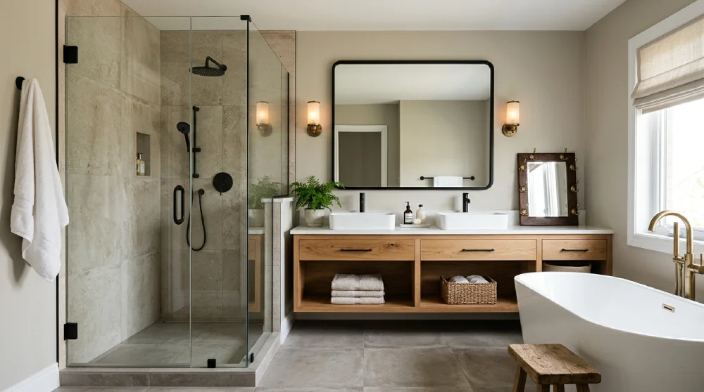 Transitional farmhouse bathroom in a Denver home with a warm wood vanity, glass shower, freestanding tub, and soft neutral finishes