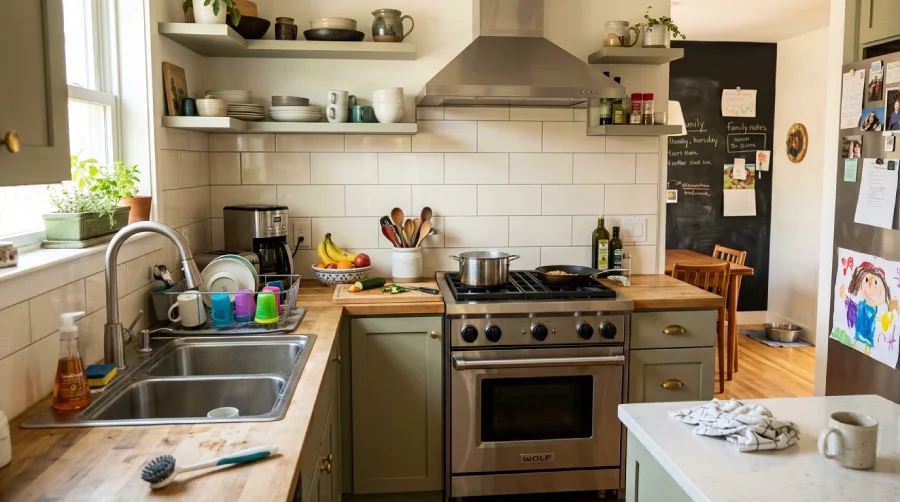 Durable white tile kitchen backsplash behind the stove and sink in a busy family kitchen designed for easy cleaning and everyday use