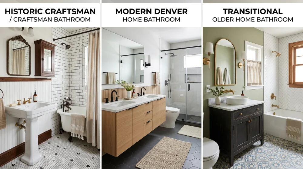 Comparison of farmhouse bathroom styles by Denver home type, including historic Craftsman, modern Denver, and transitional older home bathrooms