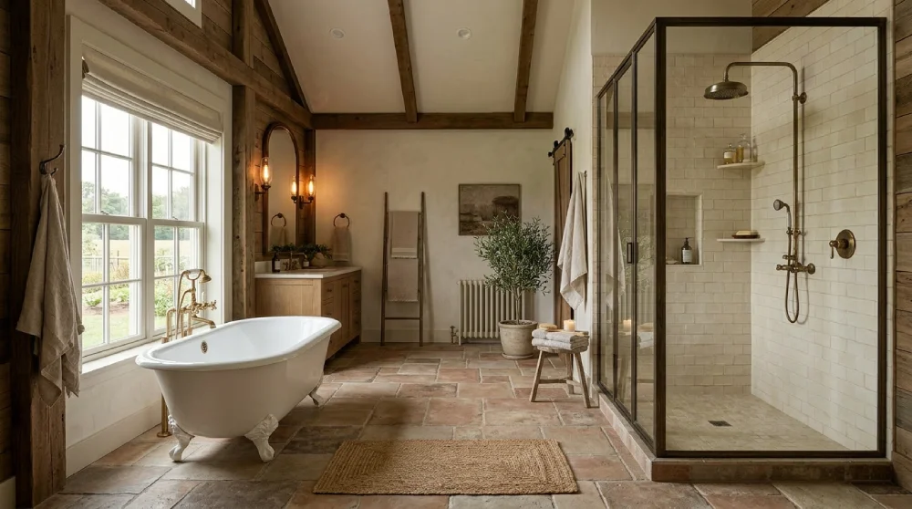 2026 farmhouse bathroom remodel in a Denver home with a freestanding tub, glass shower, rustic wood beams, and warm tile floors.