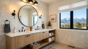 Modern farmhouse bathroom remodel idea for a Denver home in 2026 with warm wood vanity, black fixtures, and mountain views.
