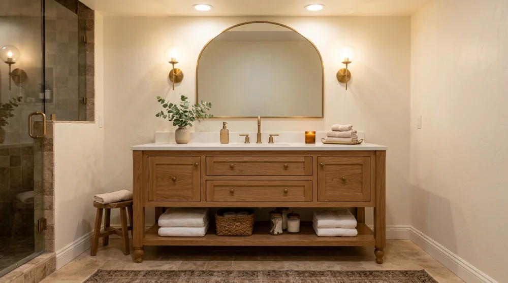 Farmhouse bathroom vanity upgrade in a Denver home with a furniture-style wood vanity, open shelf storage, brass sconces, and a quartz countertop