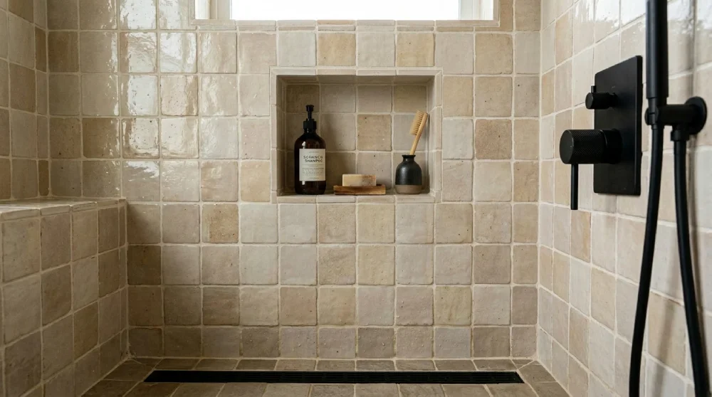 Denver farmhouse bathroom shower with handmade-look textural tile, a recessed niche, and matte black fixtures
