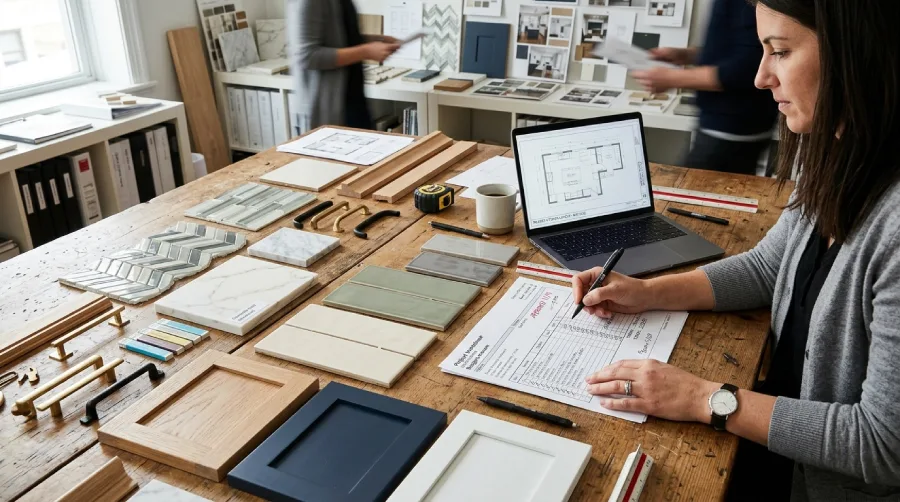 Denver kitchen remodel planning with backsplash samples, cabinet finishes, hardware, floor plan, and budget worksheet to guide the full design-build project