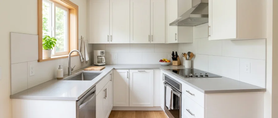 Small kitchen remodel in Lakewood ,CO style with large-format backsplash tile, fewer grout lines, and a calmer, cleaner look