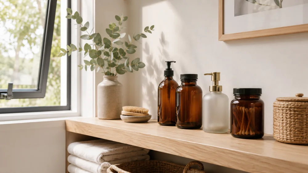 Styled bathroom shelf by a window with moisture-friendly materials and neatly arranged matching containers.