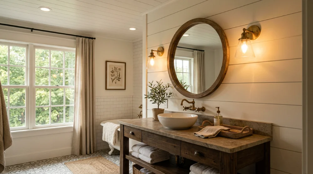 Denver farmhouse bathroom with layered lighting, wall sconces, recessed ceiling lights, natural window light, and a rustic wood vanity