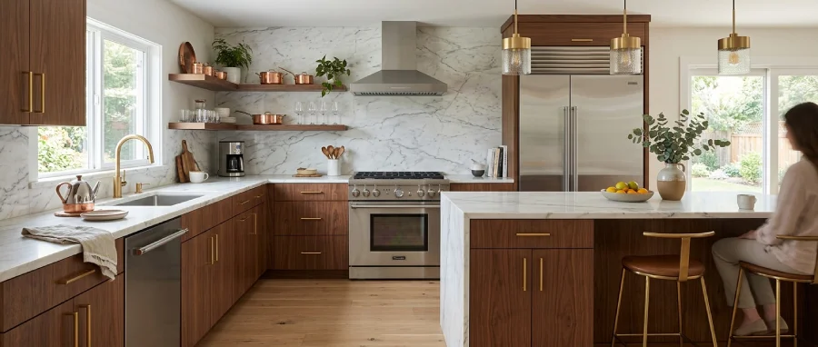 Contemporary Denver kitchen remodel with a marble slab backsplash, warm wood cabinets, stainless steel appliances, and brass metal details