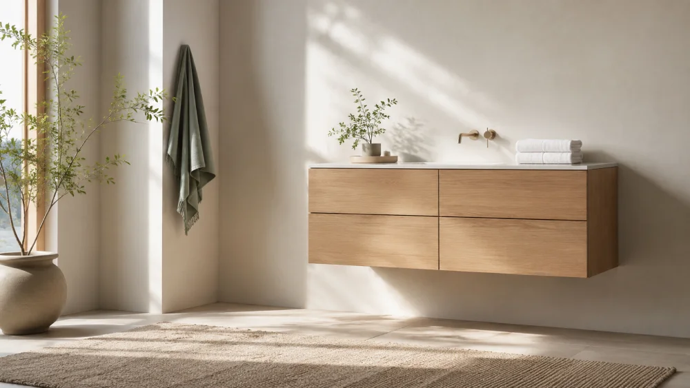 Modern wall-mounted bathroom storage cabinet with handleless drawers on a clean wall.