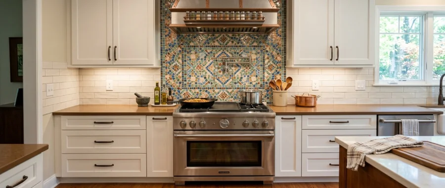 Denver kitchen remodel with a mosaic tile backsplash behind the stove, creating a focal point feature area in a balanced kitchen design