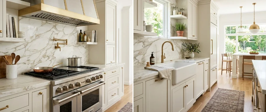 Luxury Denver kitchen with a natural stone marble backsplash behind the stove and sink, showing rich veining and a sealed surface for heat and moisture exposure