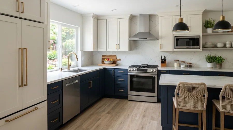 Denver kitchen remodel with coordinated backsplash, white and navy cabinets, stainless steel appliances, and mixed metal finishes