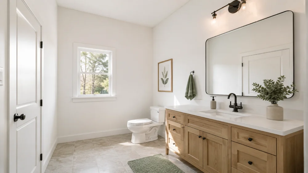 Small bathroom layout showing floor space and empty wall space above the toilet and vanity.