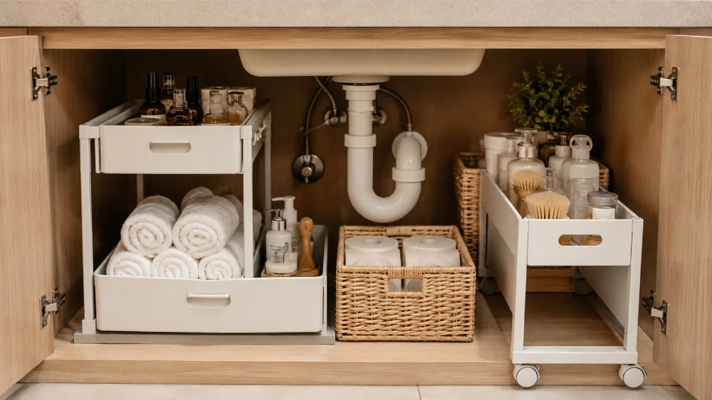 Organized under-sink bathroom cabinet with a tiered organizer, drawer inserts, and a pull-out rolling caddy.