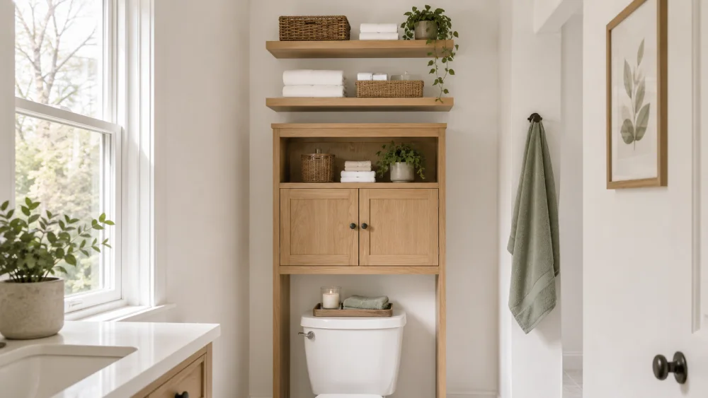 Vertical bathroom storage with floating shelves, an over-the-toilet cabinet, and a tray on the toilet tank.