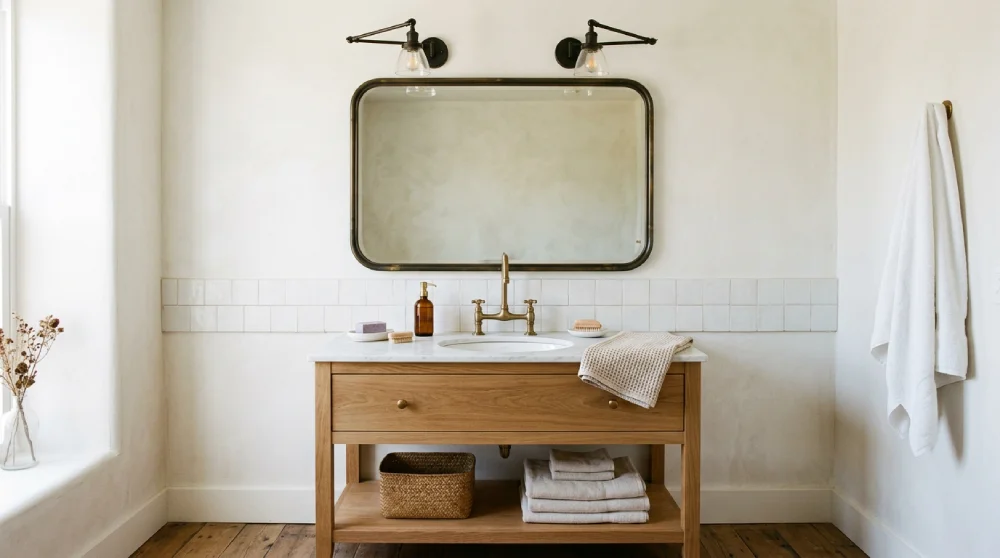 Denver farmhouse bathroom with a vintage-style mirror, warm wood vanity, brass faucet, and clean white walls