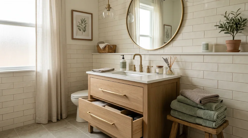 Warm farmhouse bathroom color palette in a Denver home with creamy tile, a light wood vanity, brass fixtures, and muted green accents