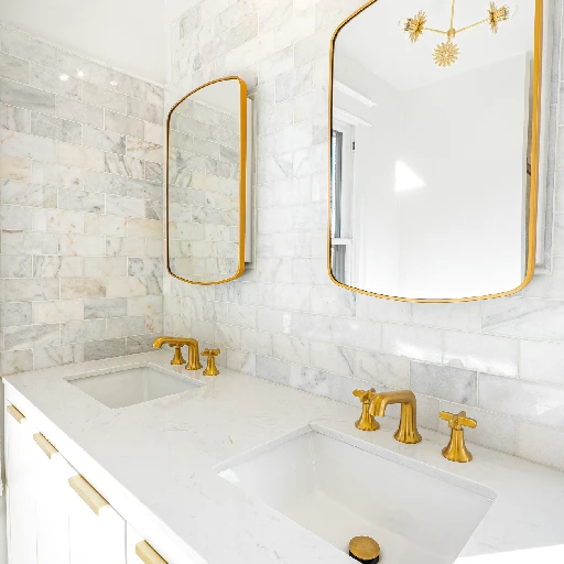 Newly renovated master bathroom with white subway tile, white quartz dual vanity, and luxurious gold-finish faucets and framed mirrors by Verified Builders.