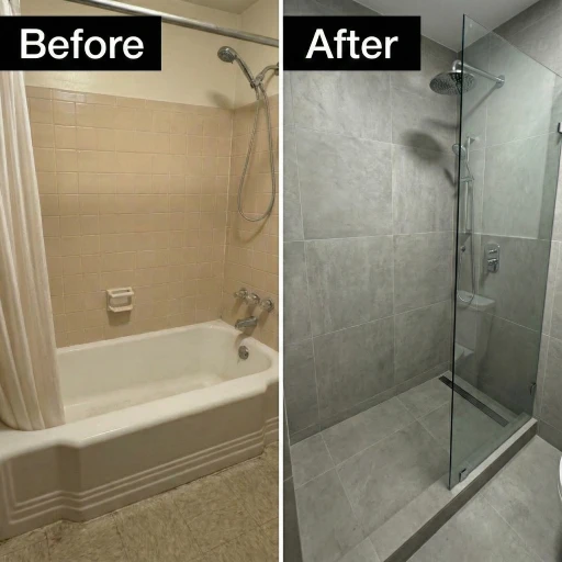 A "Before" photo from a bathroom remodeling project, showing an outdated white bathtub, beige tiled walls, and linoleum flooring prior to renovation.