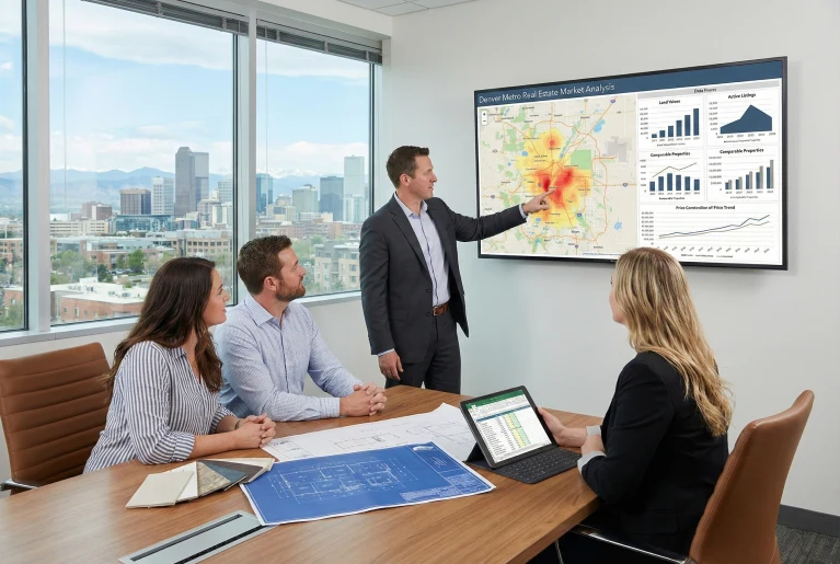 Custom home builder reviewing Denver real estate market analysis and land value data on a tablet with clients.