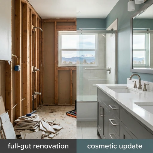 A split-view comparison showing a Denver bathroom undergoing a "full-gut renovation" down to the studs on the left, alongside a completed modern "cosmetic update" with new vanity, paint, and fixtures on the right.