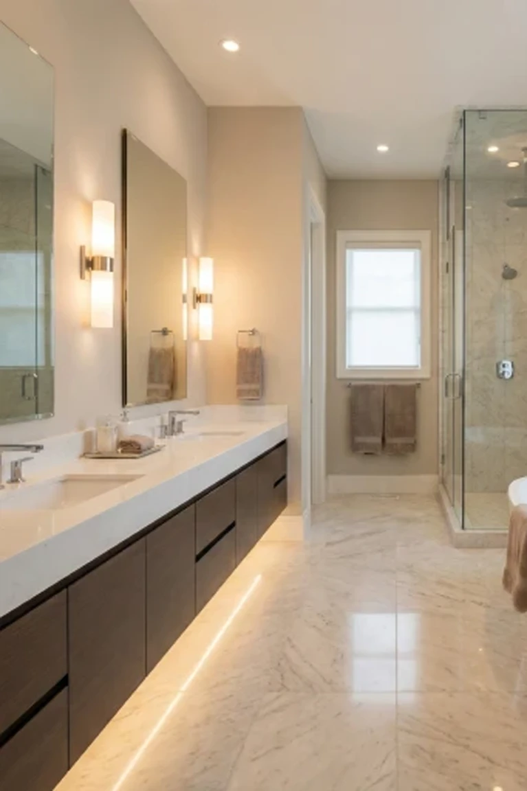 Luxury master bathroom remodeling project in Denver featuring a floating vanity with under-cabinet lighting and polished marble flooring.