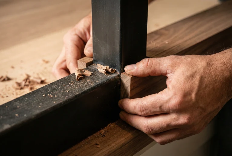 Skilled carpenter installing custom millwork and architectural steel details in a luxury home, highlighting precision craftsmanship.