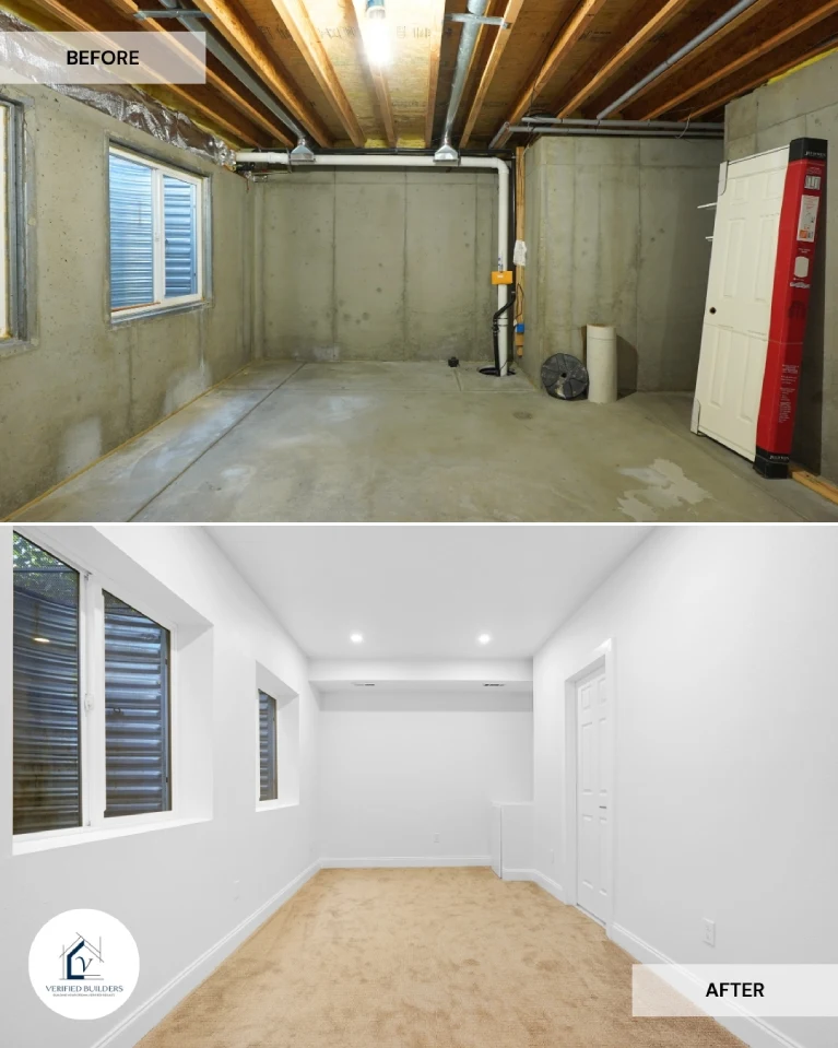Split view showing the framing and insulation process versus the final carpeted basement bedroom with a code-compliant egress window in Littleton, CO.